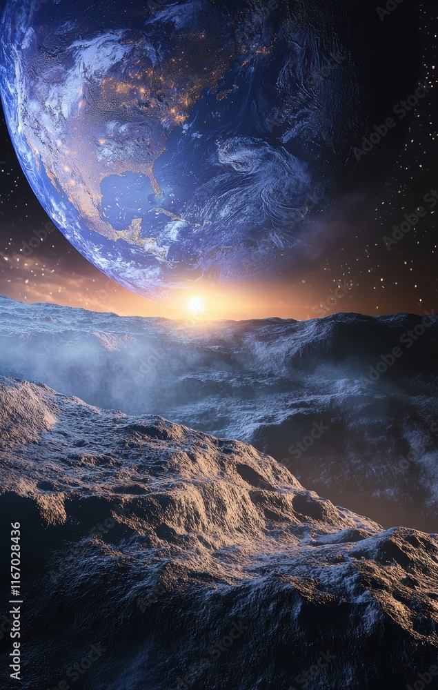 Naklejka premium Earthrise over Alien Planet Landscape