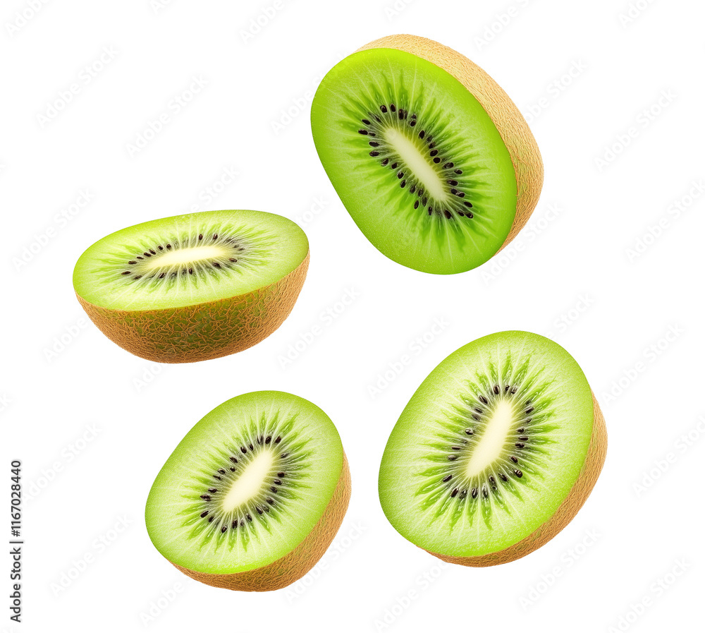 Fototapeta premium slices of fresh green kiwi fruit cut pieces isolated on transparent background, cutout png