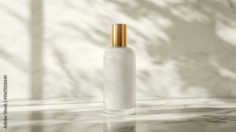 A white cosmetic bottle with a gold cap is placed on a marble surface, with sunlight casting soft shadows around it, creating a tranquil atmosphere A white cosmetic bottle with a gold cap is placed on a marble surface, with sunlight casting soft shadows around it, creating a tranquil atmosphere
