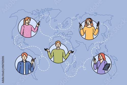 International social network of people over world map for global freelancers team concept. International team of men and women doing big joint project for transatlantic corporation
