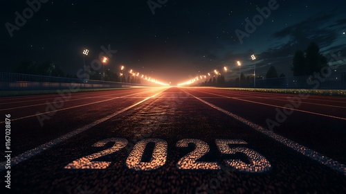 A wide view of a brightly lit athletics track at night, with 