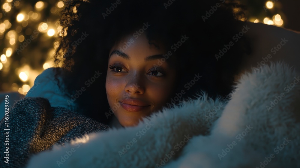 Serene Young Woman Relaxing Under Blanket Near Christmas Lights Serene Young Woman Relaxing Under Blanket Near Christmas Lights