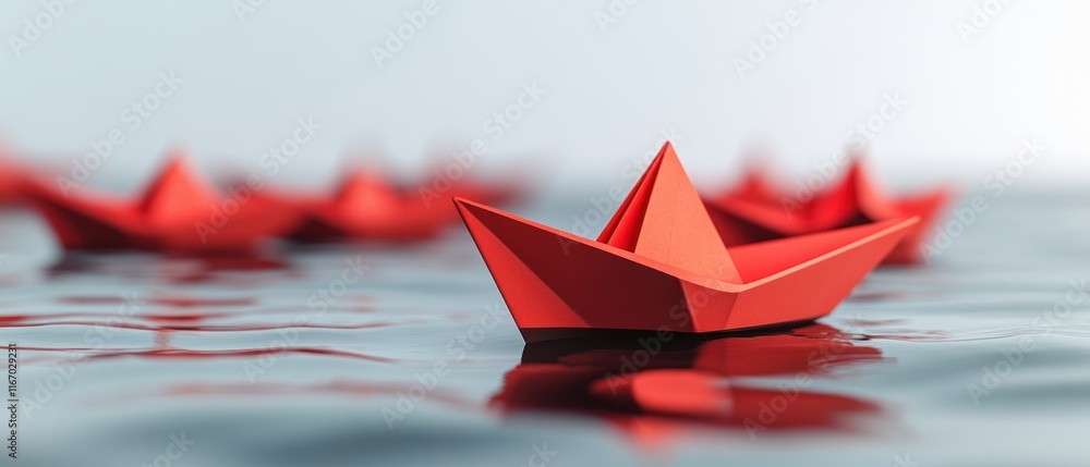 Naklejka premium Red paper boats afloat on calm water.