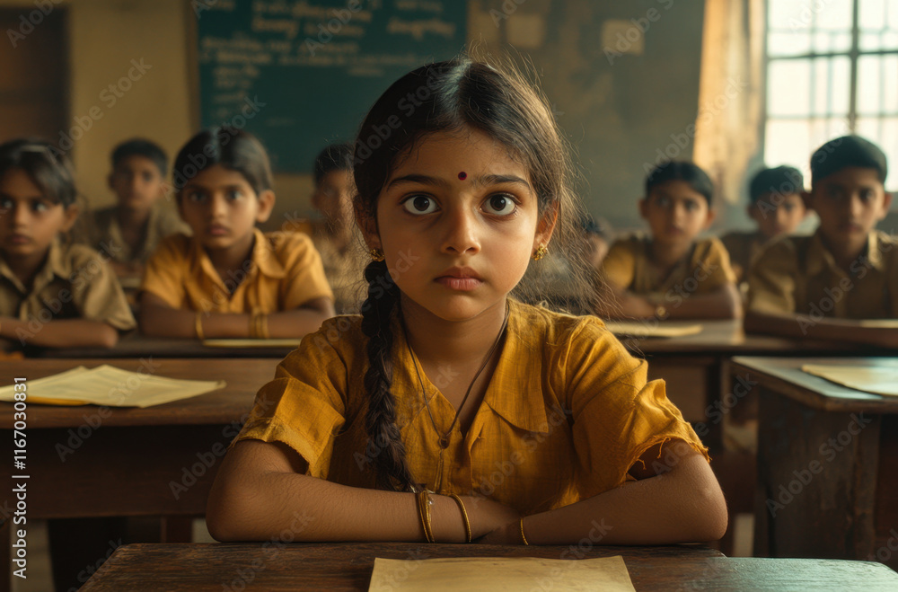 A young girl sits attentively at her desk in a classroom, surrounded by classmates who are equally focused. They wear traditional school uniforms and show eagerness to learn. A young girl sits attentively at her desk in a classroom, surrounded by classmates who are equally focused. They wear traditional school uniforms and show eagerness to learn.