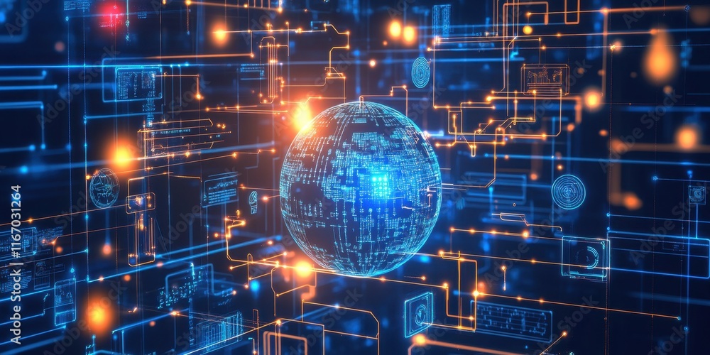 Obraz premium A glowing blue globe is surrounded by orange lines and lights, symbolizing data flow and connectivity in a digital landscape with abstract elements
