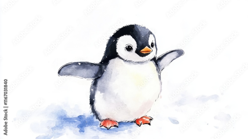 Naklejka premium A cute watercolor illustration of an adorable penguin standing playfully on ice, showcasing the charm of wildlife.