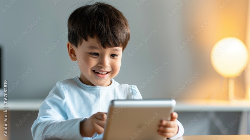 A cheerful young boy is engaged with a tablet, displaying joy and curiosity in a cozy, well-lit environment. A cheerful young boy is engaged with a tablet, displaying joy and curiosity in a cozy, well-lit environment.