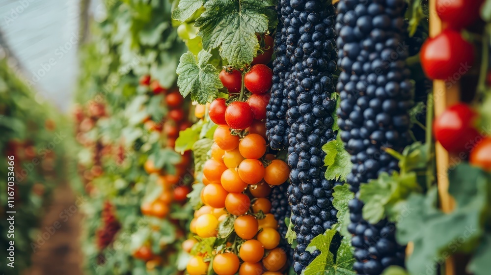 Fototapeta premium Vibrant Colorful Tomatoes Grapes Vines Growing in Greenhouse