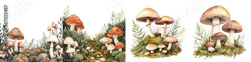 Assortment of Colorful Mushrooms and Fungi Sprouting from Mossy Ground in Lush Forest Woodland Ecosystem  Variety of Edible and Poisonous Mushroom Caps Stems and Spores in Natural Outdoor Setting