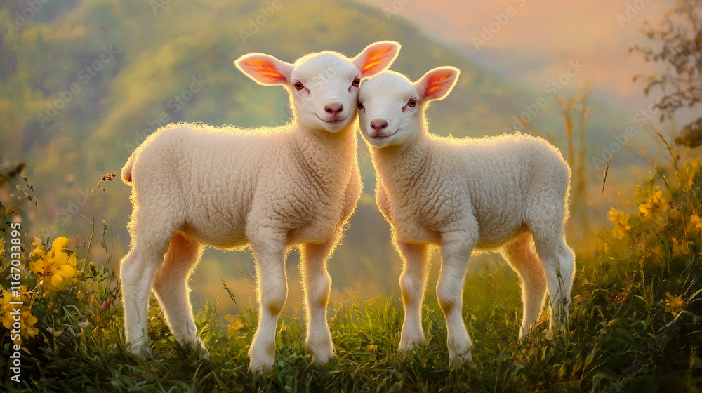 Fototapeta premium Prime lambs on green meadow at sunset