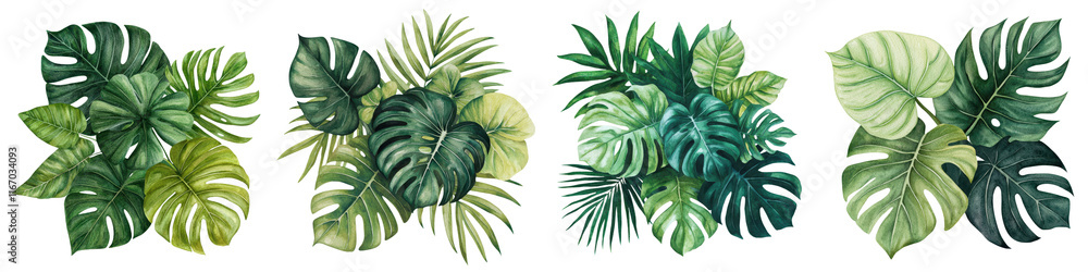 Fototapeta premium Assortment of Vibrant Tropical Leaves and Foliage in a Lush Botanical Setting Diverse collection of various tropical plant species with large green and textured leaves creating a rich verdant