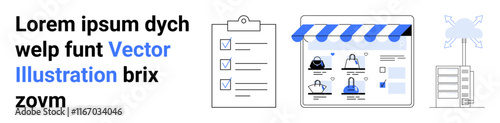 E-commerce storefront with blue awning, checklist on clipboard, laptop showing product listings. Ideal for online business setup, digital marketing, startup planning, project management, strategy