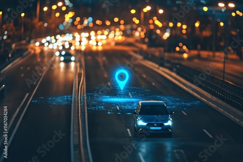 Smart blue car navigating urban streets with gps interface for efficient travel directions