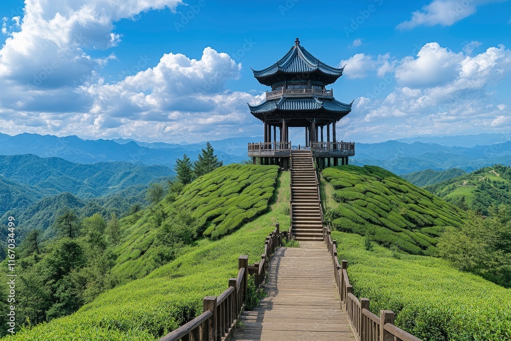 Obraz premium A wide angle photo of the green tea plantation in China, with blue sky and white clouds, there is an ancient Chinese pavilion on top of one hill. There's wooden stairs leading to it from far away.