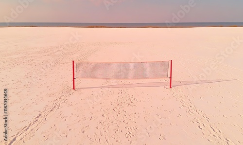 Energetic scene of a beach volleyball net set up on white sand, footprints around