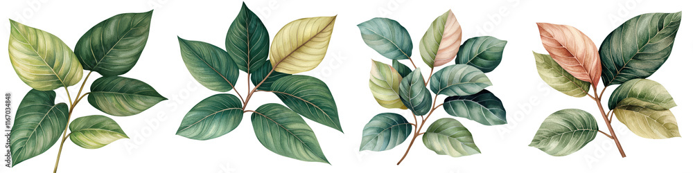 Closeup view of a collection of diverse tropical leaves with vibrant green yellow and reddish brown color patterns and intricate textures Closeup view of a collection of diverse tropical leaves with vibrant green yellow and reddish brown color patterns and intricate textures