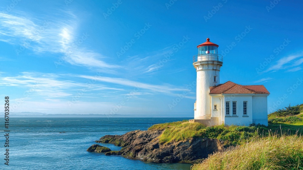 A serene lighthouse stands proudly on a rocky shore under a bright blue sky, guiding ships across the calm ocean waters. A serene lighthouse stands proudly on a rocky shore under a bright blue sky, guiding ships across the calm ocean waters.