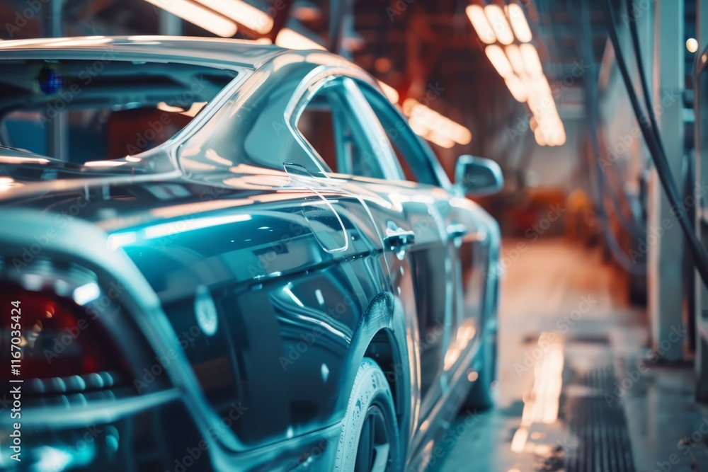 Obraz premium Daytime assembly line in modern car factory with vehicles checked before high tech painting process