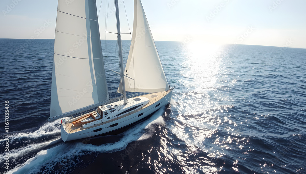 Obraz premium Aerial yacht regatta race at open sea. White sail boat at summer sunlight day. Amazing seascape of ocean waters at sun reflections. Serene water at cinematic relax and calm waterscape. isolated with