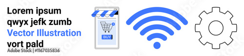 Comprising a shopping cart storefront, wireless signal, and gear icon. Ideal for websites, apps, marketing, advertisements, tech interfaces, brochures, digital stores. Landing page