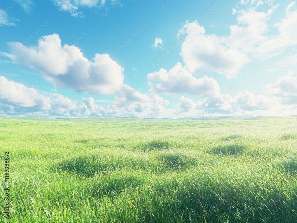 Obraz premium A wide grassy field with a blue sky and white clouds in the background, a green grassland, a grassy meadow, a green field background, a blue sky, white clouds, a natural landscape, landscape photograp