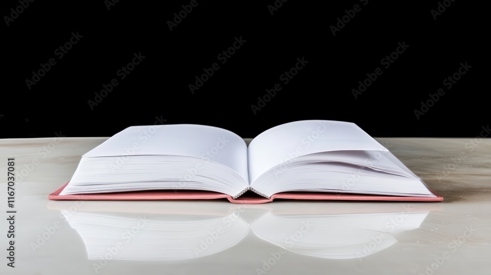 Open Blank Book with Pink Cover on Reflective Surface Elegant and Minimalist Design Open Blank Book with Pink Cover on Reflective Surface Elegant and Minimalist Design