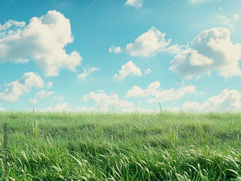 A wide grassy field with a blue sky and white clouds in the background, green grass on the ground, and an empty space for text or graphic design at one end of the frame. The entire scene is captured A wide grassy field with a blue sky and white clouds in the background, green grass on the ground, and an empty space for text or graphic design at one end of the frame. The entire scene is captured