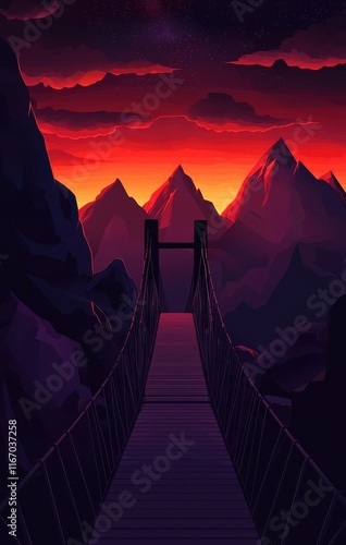 Suspension Bridge Over Mountain Gorge at Sunset