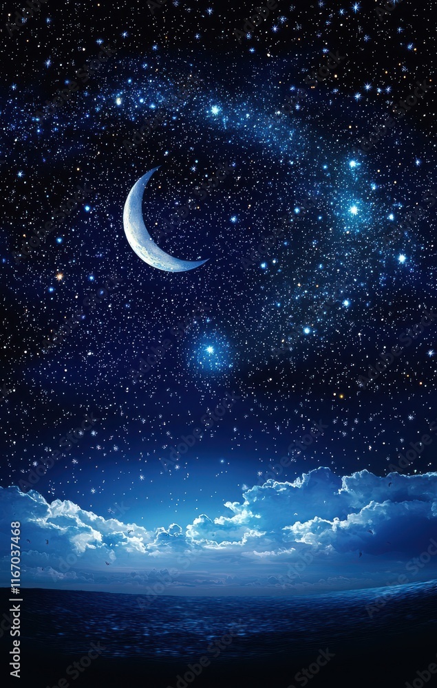 Crescent Moon and Starry Night Sky Over the Ocean Crescent Moon and Starry Night Sky Over the Ocean
