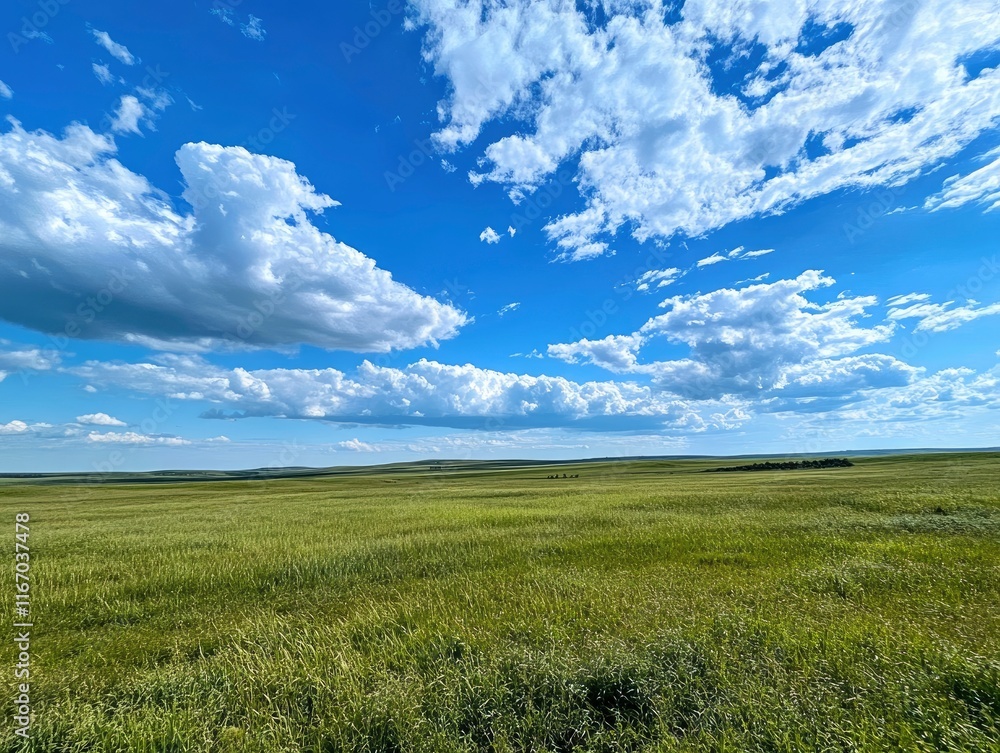 A wide grassy field with a blue sky and white clouds in the background, green grass on the ground, and an empty space for text or graphic design at one end of the frame. The entire scene is captured A wide grassy field with a blue sky and white clouds in the background, green grass on the ground, and an empty space for text or graphic design at one end of the frame. The entire scene is captured