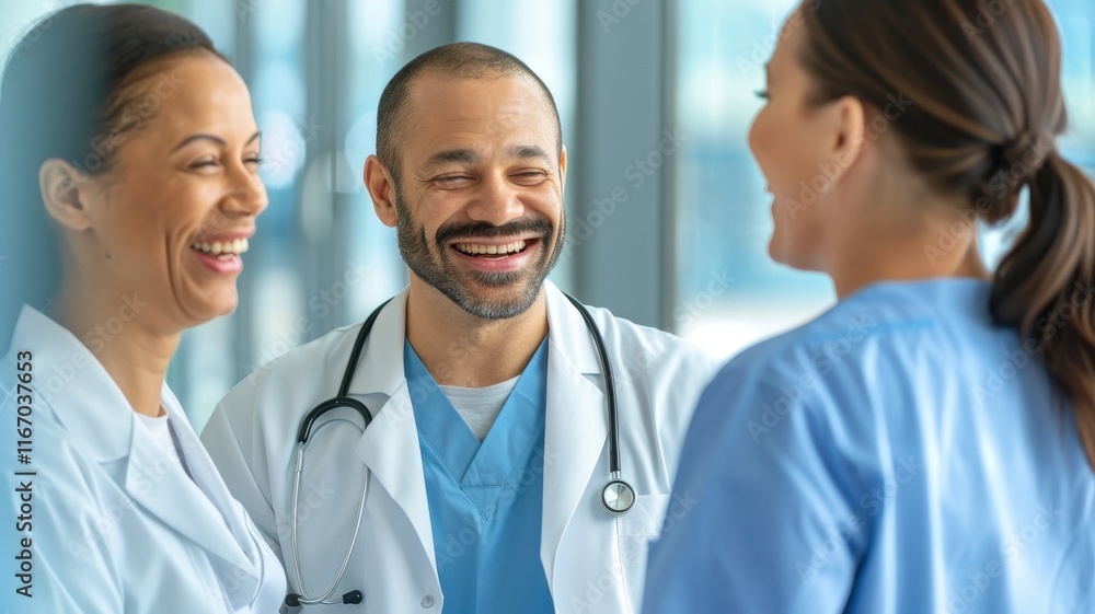 Three healthcare professionals share a joyful moment, highlighting camaraderie and teamwork in a bright, modern medical environment. Three healthcare professionals share a joyful moment, highlighting camaraderie and teamwork in a bright, modern medical environment.