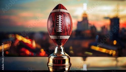 Iconic Golden Trophy Shaped Like an American Football on a Reflective Surface with a Vibrant Sunset Cityscape in the Background. Perfect for Super Bowl, Sports Awards, or Championship Celebrations