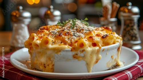 Delicious mac and cheese on a red and white plate. Used for inserting advertising picture frames for restaurants or cooking book menu