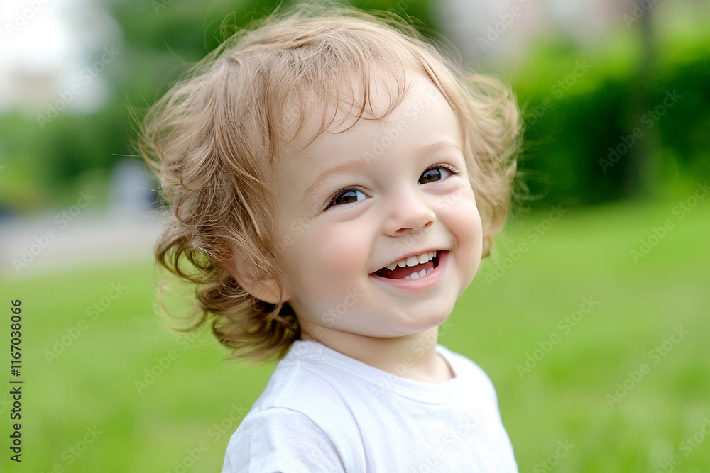 Child joyfully smiling in natural outdoor setting Child joyfully smiling in natural outdoor setting