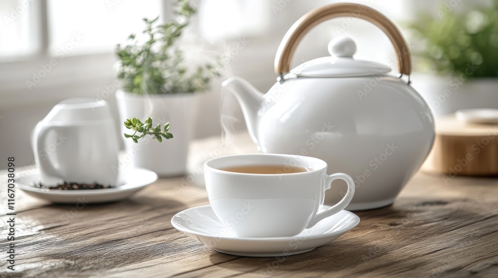 White Teapot Pouring Hot Tea into Cup on Wooden Table - Morning Tea Scene with Steam, Cozy Breakfast Setting, Minimalist Morning Background White Teapot Pouring Hot Tea into Cup on Wooden Table - Morning Tea Scene with Steam, Cozy Breakfast Setting, Minimalist Morning Background