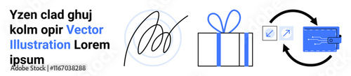 Abstract digital signature, wrapped gift box with bow, and arrows indicating transaction with a digital wallet. Ideal for digital transactions, e-commerce, gifting, technology, security, finance