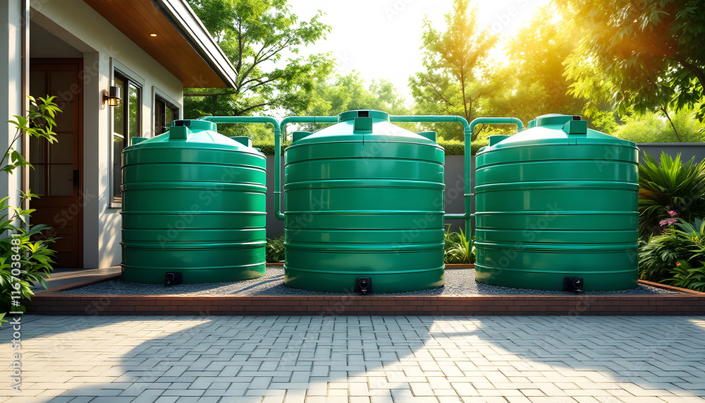 Green Water Tanks for Rainwater Harvesting, Sustainable Living, Outdoor Water Storage, Eco-Friendly Home, Water Conservation System Green Water Tanks for Rainwater Harvesting, Sustainable Living, Outdoor Water Storage, Eco-Friendly Home, Water Conservation System