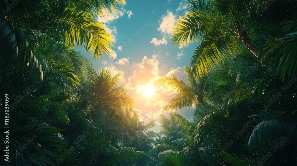 palm leaves bright blue sky sunny clouds tropical beach summer travel nature vacation exotic view palm leaves bright blue sky sunny clouds tropical beach summer travel nature vacation exotic view