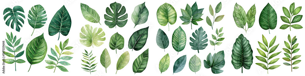 Obraz premium Stunning collection of various tropical green leaves foliage and botanical elements arranged in a natural organic pattern for use as nature environment or botanical backgrounds and designs