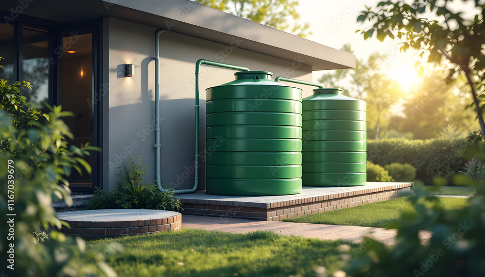 Green Water Tanks for Rainwater Harvesting, Sustainable Living, Outdoor Water Storage, Eco-Friendly Home, Water Conservation System Green Water Tanks for Rainwater Harvesting, Sustainable Living, Outdoor Water Storage, Eco-Friendly Home, Water Conservation System
