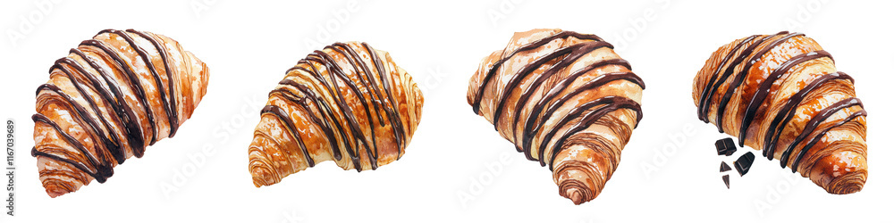 Fototapeta premium Closeup view of freshly baked flaky and buttery chocolate swirl croissants displayed in a cozy bakery window inviting passersby to indulge in the tempting French pastry treat