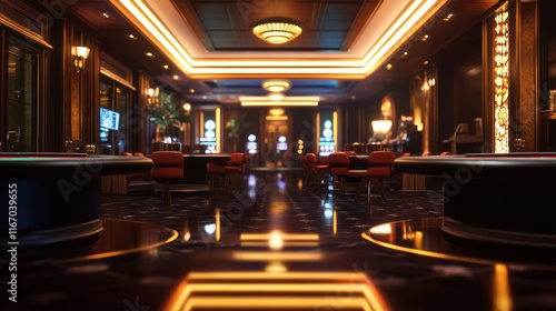 Luxurious casino interior with gaming tables and warm lighting.