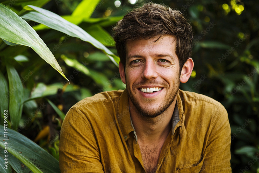 Smiling man in nature with lush greenery Smiling man in nature with lush greenery