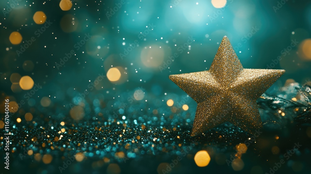 New years Christmas gold green star background web banner with copy space. Christmas teal green and golden abstract glitter bokeh background. Selective focus New years Christmas gold green star background web banner with copy space. Christmas teal green and golden abstract glitter bokeh background. Selective focus