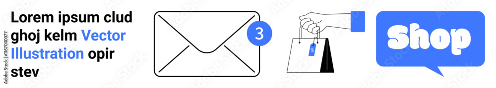 Email message notification envelope, a hand carrying shopping bags with tags, and a blue shop button. Ideal for online shopping, e-commerce notifications, digital marketing, sales promotions Email message notification envelope, a hand carrying shopping bags with tags, and a blue shop button. Ideal for online shopping, e-commerce notifications, digital marketing, sales promotions