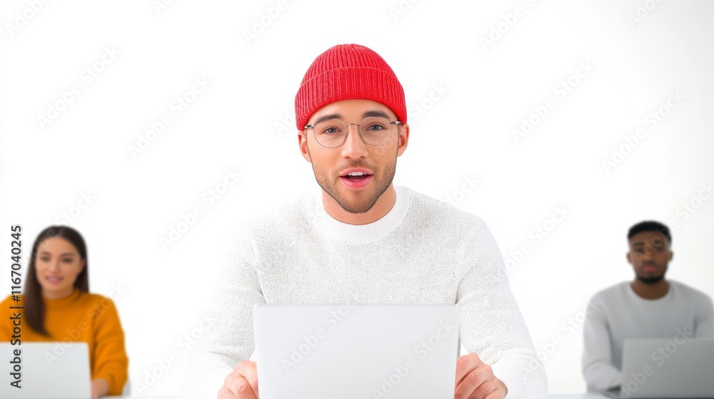 Young Man in Red Beanie Presenting on Laptop Diverse Team Blurred Background Young Man in Red Beanie Presenting on Laptop Diverse Team Blurred Background