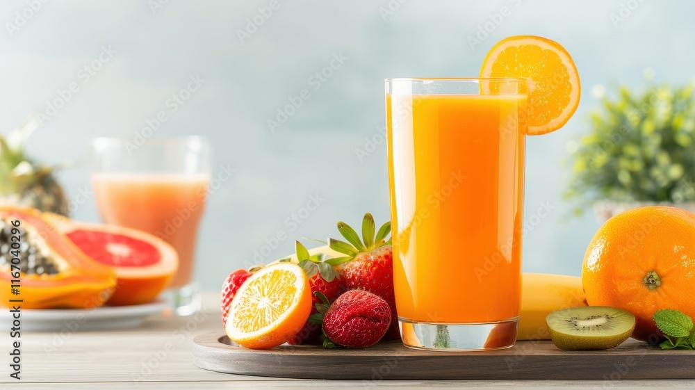 Fototapeta premium A refreshing glass of vibrant orange juice surrounded by fresh fruits like strawberries, kiwis, and papaya, perfect for a healthy drink.