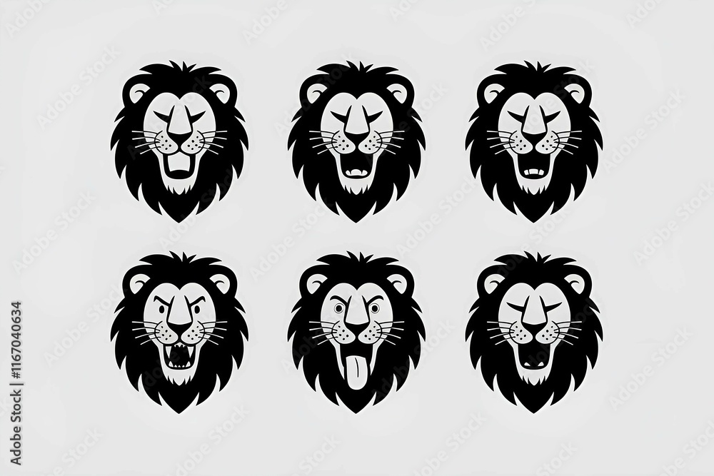Obraz premium vector illustration of multiple lion faces with bold expressions in a repeating pattern, emphasizing strength and leadership, black and white graphic art design.
