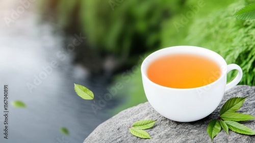 A serene cup of tea by a tranquil water source.