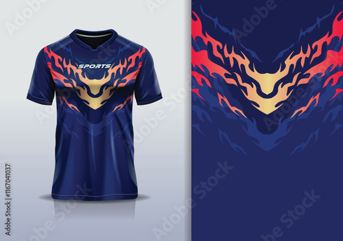 T-shirt mockup abstract texture grunge texture fire sport jersey design for football, soccer, racing, esports, running, in red blue color